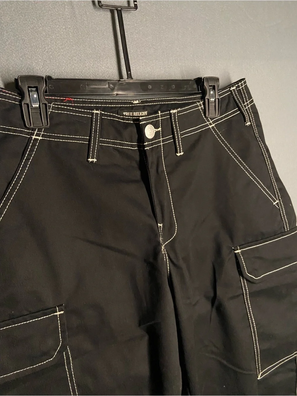 True Religion Men’s Black Cargo Pants with Contrast Stitching
